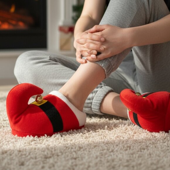 Christmas Elf Slippers Puffy Jingle Bells Red 9 inches long Novelty Slip ons - Picture 1 of 6